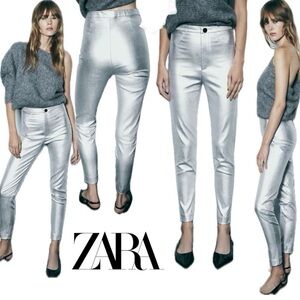 Zara metallic silver liquid foil mid rise slim fit leggings pants Sz XS NWT